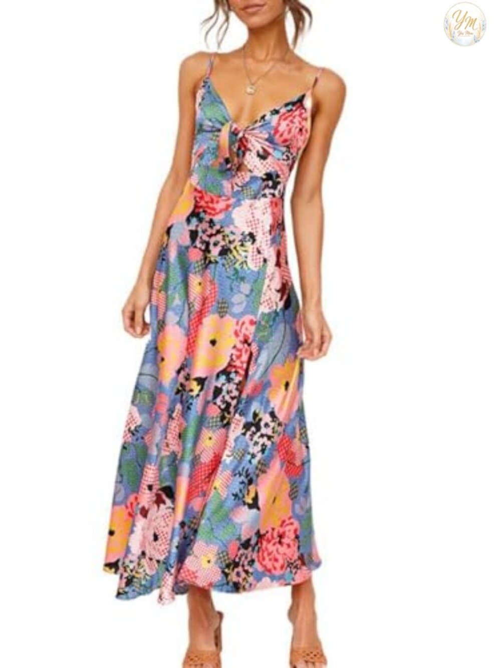Satin Midi Dress Spaghetti Strap Floral Slip Dress Side Slit Adjustable Tie